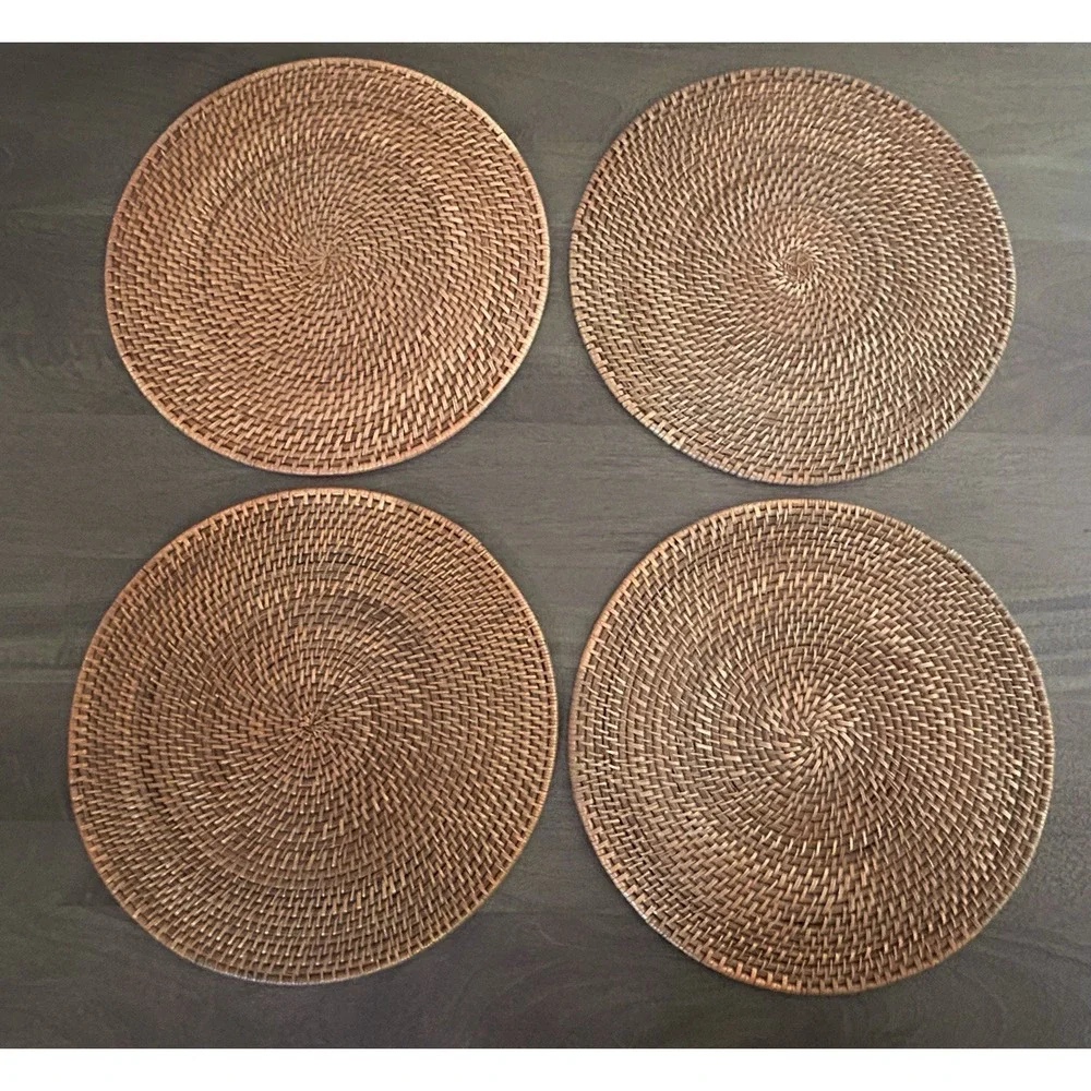 Crate & Barrel Artesia Round Honey Woven Rattan Placemats Set Of 4 NEW Cottage